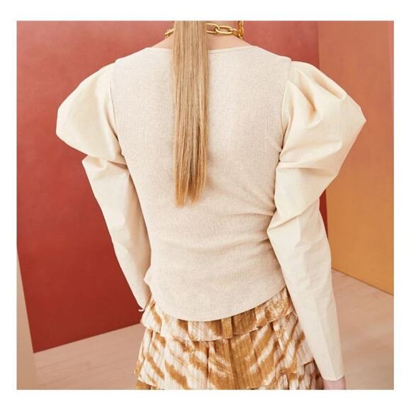 Ulla Johnson Joanne Poplin Sleeve Rib Knit Top Ribbed Jersey Oatmeal Beige - Picture 9 of 14